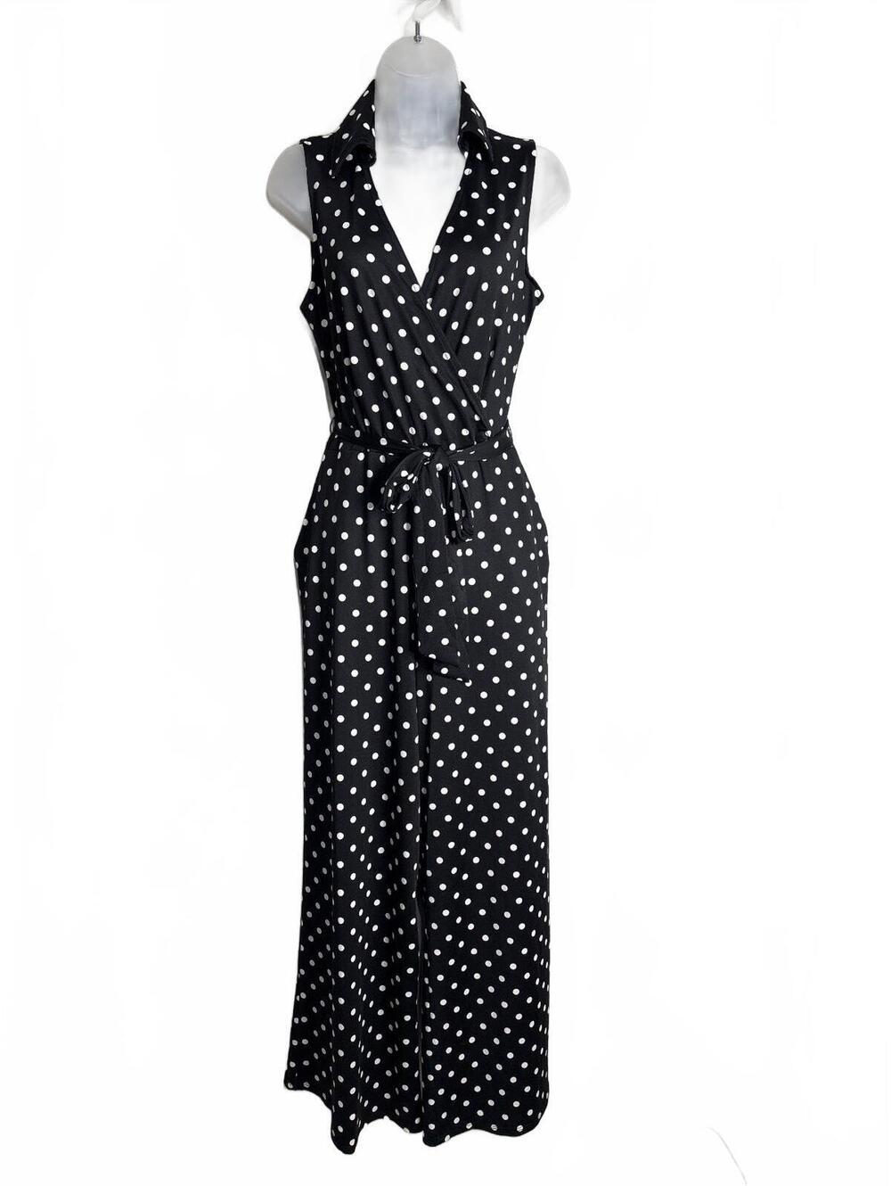 Nina Leonard Black and White Polka Dot Sleeveless Jumpsuit with Tie Waist